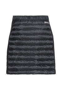 Zwarte geïsoleerde rok met een gequilt ontwerp, met horizontale stiknaden, een elastische tailleband en contrasterende zijpanelen.
