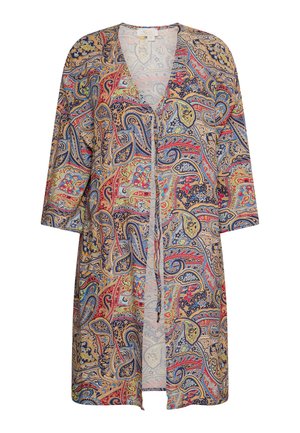 Kolorowy szlafrok w wzór paisley o luźnym kroju, V-dekolcie i rękawach do trzech ćwiartek, wykonany z lekkiego materiału.