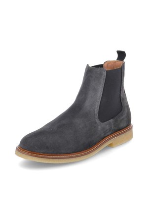 Dark gray suede Chelsea boot with black elastic side panel, tan interior lining, brown welt, and beige crepe sole.