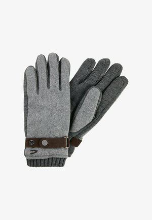 Grijze gebreide handschoenen met een geribbelde manchette, een bruine verstelbare band met drukknoop en een zachte textuur. Decoratieve stikdetails aanwezig.