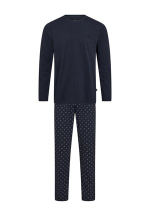 Marineblå bomulds langærmet top med brystlomme, parret med mønstrede pyjamasbukser med et geometrisk design i lysere nuancer.