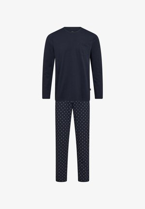Navy cotton long-sleeve top with a chest pocket paired with patterned pajama pants featuring a geometric design in lighter shades.
