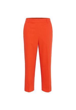 Orange Cropped-Hosen mit einer glatten Stoffoberfläche, maßgeschneiderter Passform, seitlichen Taschen und einem flachen Bund.