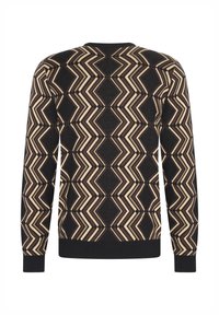 Maglione a righe nere e beige con motivo a zigzag, polsini e orlo a coste. Realizzato in un materiale a maglia testurizzato.