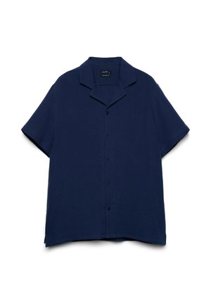 Marineblaue kurzärmelige Hemdbluse mit Knopfleiste und Kragen mit Kerbe, aus strukturiertem Stoff, flach auf weißem Hintergrund ausgelegt.