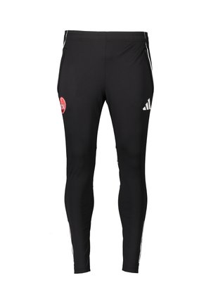 Schwarze Sporthosen aus Stretchmaterial, mit einer figurbetonten Passform, weißen seitlichen Streifen und einem roten Logo am linken Oberschenkel.