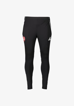 Zwarte sportbroeken van rekbare stof, met een aansluitend ontwerp, witte zijkanten en een rood logo op de linker bovenbeen.