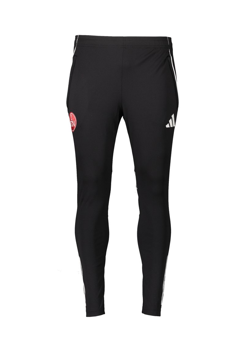 Schwarze Sporthosen aus Stretchmaterial, mit einer figurbetonten Passform, weißen seitlichen Streifen und einem roten Logo am linken Oberschenkel.