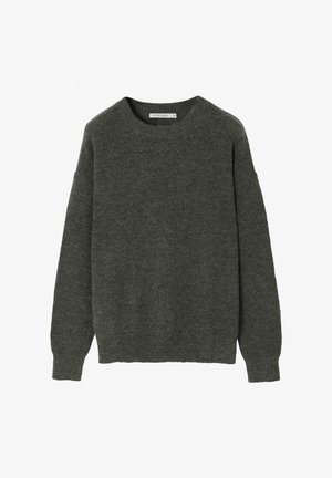 Dunkelgrüner Strickpullover mit rundem Ausschnitt, langen Ärmeln und einer lässigen Passform. Die Textur wirkt weich und leicht flauschig.