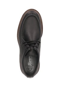 Scarpa di pelle nera con punta arrotondata, dettagli cuciti e due grommet per i lacci. Presenta una soletta imbottita per il comfort.