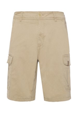 Béžové cargo šortky so bočnými vreckami, vyrobené z bavlnenej látky. Majú zapínanie na gombík a pútka na opasok, s rovno strihaním a hladkým povrchom.