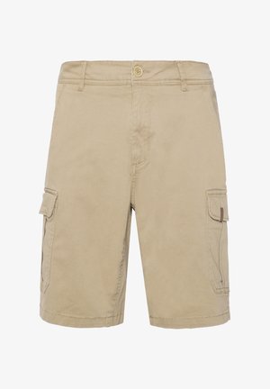 Pantalones cortos tipo cargo beiges con bolsillos laterales, confeccionados en tela de algodón. Presentan un cierre de botón y presillas para cinturón, con un corte recto y textura lisa.