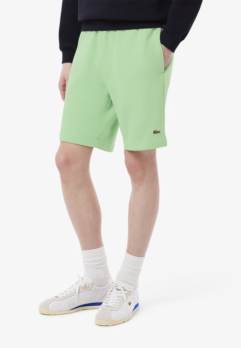 Shorts en coton vert clair avec une taille élastique, des poches latérales et un petit logo brodé. Portés avec des baskets blanches et des chaussettes côtelées.