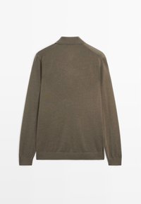 Olive green, long-sleeve knit pullover with a collar and ribbed hems; smooth texture, minimalistic design, and no visible patterns or accents.