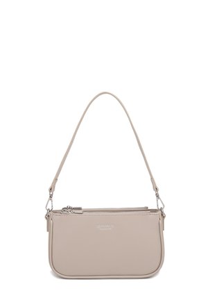 Beige leren schoudertas met zilveren ritssluitingen en afneembare band, compacte rechthoekige vorm.