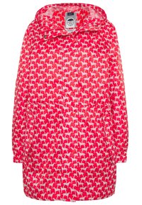 Wodoszczelna parka w jaskrawym czerwonym kolorze z białym wzorem psów, z kapturem, bocznymi kieszeniami i elastycznymi mankietami dla wygody.