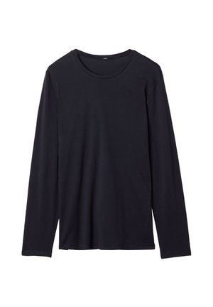 Langärmliges schwarzes T-Shirt aus Baumwolle mit Rundhalsausschnitt, das eine glatte Textur und eine lockere Passform aufweist. Keine sichtbaren Muster oder Hardware.
