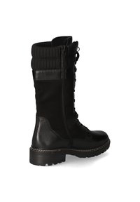Botte noire montante en cuir lisse et tissu texturé, avec un laçage à l'avant, une fermeture éclair sur le côté et une semelle robuste.