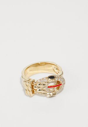 Gold ring featuring a snake design with a black stone and red accent, embellished with clear crystals, textured band, and polished finish.