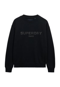 Zwarte sweatshirt van katoen. Voorzien van een ribbelboord aan de hals en manchetten. "SUPERDRY PARIS" weergegeven in zilveren studs op de voorkant.