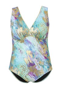 Jednoczęściowy strój kąpielowy z dekoltem w serek i wielokolorowym, abstrakcyjnym wzorem z motywem pociągnięć pędzla w kolorach zielononiebieskim, złotym, fioletowym i jasnoniebieskim.