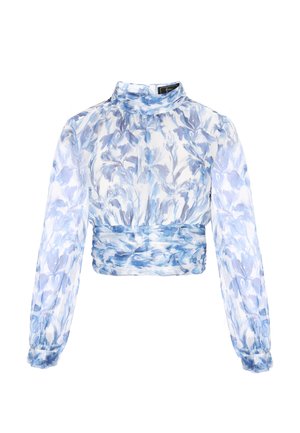 Geknipt blousen met doorschijnende stof met blauwe bloempatronen, hoge kraag en geplooide mouwen bij de manchetten. Doorheen een gekreukt textuur.