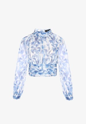 Geknipt blousen met doorschijnende stof met blauwe bloempatronen, hoge kraag en geplooide mouwen bij de manchetten. Doorheen een gekreukt textuur.