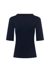 Dunkelblaues kurzärmliges Oberteil mit Rundhalsausschnitt und figurbetonter Silhouette, aus glattem, weichem Stoff mit minimalistischem Design.