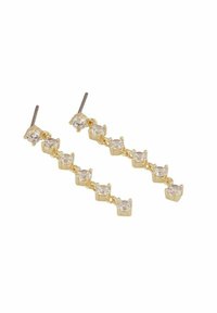 Guldtonade hängeörhängen med växlande runda och fyrkantiga klara kristaller på en länkad kedja, med stift för säker fäste.