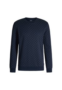 Felpa blu navy con un motivo testurizzato a esagoni, polsini e orlo a costine, e design a girocollo. Il materiale appare morbido.