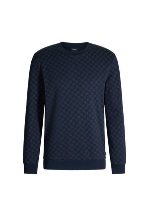 Donkerblauwe sweatshirt met een gestructureerd patroon van hexagons, geribbelde boorden en zoom, met een ronde halsontwerp. Materiaal lijkt zacht te zijn.