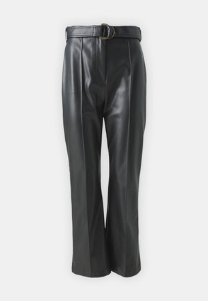 Black faux leather high-waisted pants with a wide-leg design, featuring a belted waistband and neatly pressed front pleats.