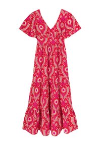 Robe florale rouge avec un décolleté en V, des manches courtes à volants, une taille froncée et une jupe évasée ornée d'un motif cachemire en crème et rose.