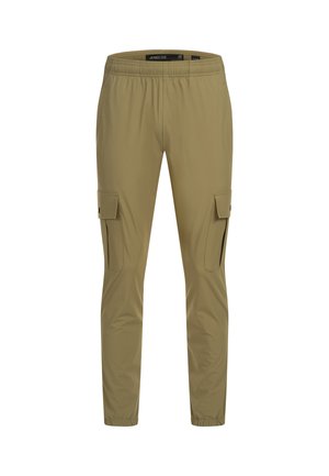 Cargo pants in khaki, featuring an elastic waistband, two side pockets, and two cargo pockets. Made from lightweight, smooth fabric.
