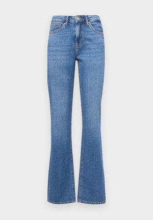 Džíny v středně modrém denimu, široké nohavice, vysoký pas, přední a zadní kapsy, viditelné švy, hladká textura, klasické zapínání na knoflík a zip.