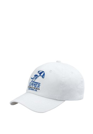 Gorra de béisbol de algodón blanco con visera curva, que presenta el texto bordado en azul "VERANO" y un gráfico temático de playa con una sombrilla y una figura.