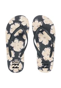 Sorte flip-flops med teksturerede såler, prydet med et cremet blomsterdesign på indersålen og sorte stropper. Brandlogoet er synligt på sålen.