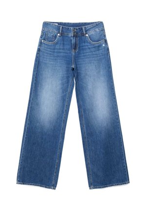 Blaue Jeans mit weitem Bein, leicht ausgewaschen, mit Vorder- und Gesäßtaschen, Knopf- und Reißverschluss, flach auf weißem Hintergrund liegend.
