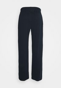 Svarte bukser med avslappet passform, elastisk midje, sidelomme og glatt stoff, som viser rak benedesign og hel lengde.