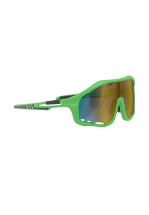 Green sports sunglasses with wide wraparound tinted lenses and a partially open temple design.