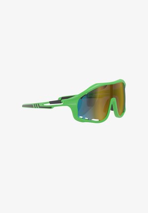 Grüne Sportsonnenbrille mit breiten umlaufenden getönten Gläsern und teilweise offenem Bügeldesign.
