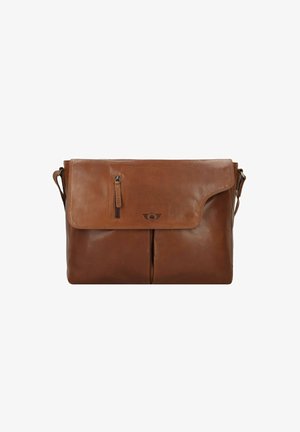 Borsa a tracolla in pelle marrone con pattina ripiegabile, tasca frontale con zip e tracolla regolabile. Presenta un branding discreto.