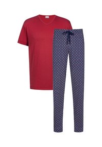 Rød v-hals t-shirt kombineret med marineblå mønstrede pyjamabukser med multikolorerede prikker, glat stof og justerbar snøre i taljen.
