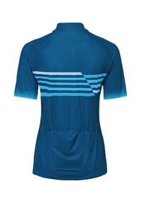Maillot de cyclisme à manches courtes bleu avec des rayures horizontales bleu clair et trois poches arrière.