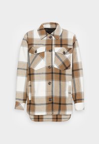 Plaid jacket with brown, white, and black colors, made from a textured fabric. Features two chest pockets and button closure.
