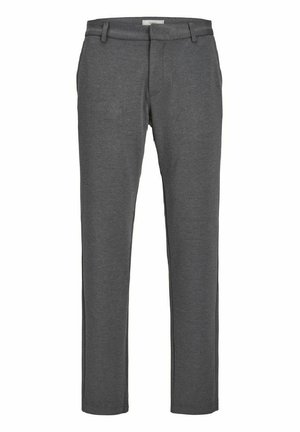 Pantalones grises, ajustados, hechos de una tela suave. Cuentan con un frente plano, trabillas para cinturón y bolsillos laterales; ajuste entallado con un diseño limpio y minimalista.