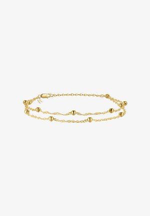 Zarte goldene Kettenarmband mit zwei Strängen, die gleichmäßig verteilte runde Perlen und einen Karabinerverschluss aufweisen.