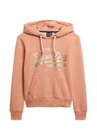 Brzoskwiniowa bluza z kapturem, z sznurkiem, przednią kieszenią i złotym nadrukowanym logo. Wykonana z miękkiego materiału, z ribbingu na mankietach i dolnym wykończeniu dla wygody.