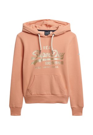 Brzoskwiniowa bluza z kapturem, z sznurkiem, przednią kieszenią i złotym nadrukowanym logo. Wykonana z miękkiego materiału, z ribbingu na mankietach i dolnym wykończeniu dla wygody.