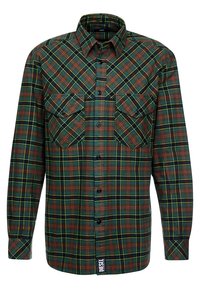Långärmad skjorta med knäppning i grön, röd och gul rutigt mönster, fack på bröstet och en liten Diesel-logotyp på fållen.